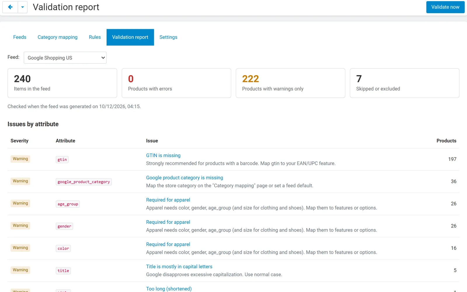 Validation report: 240 items in the feed, 0 products with errors, 222 with warnings, 7 skipped or excluded, and the issues by attribute with fixes.