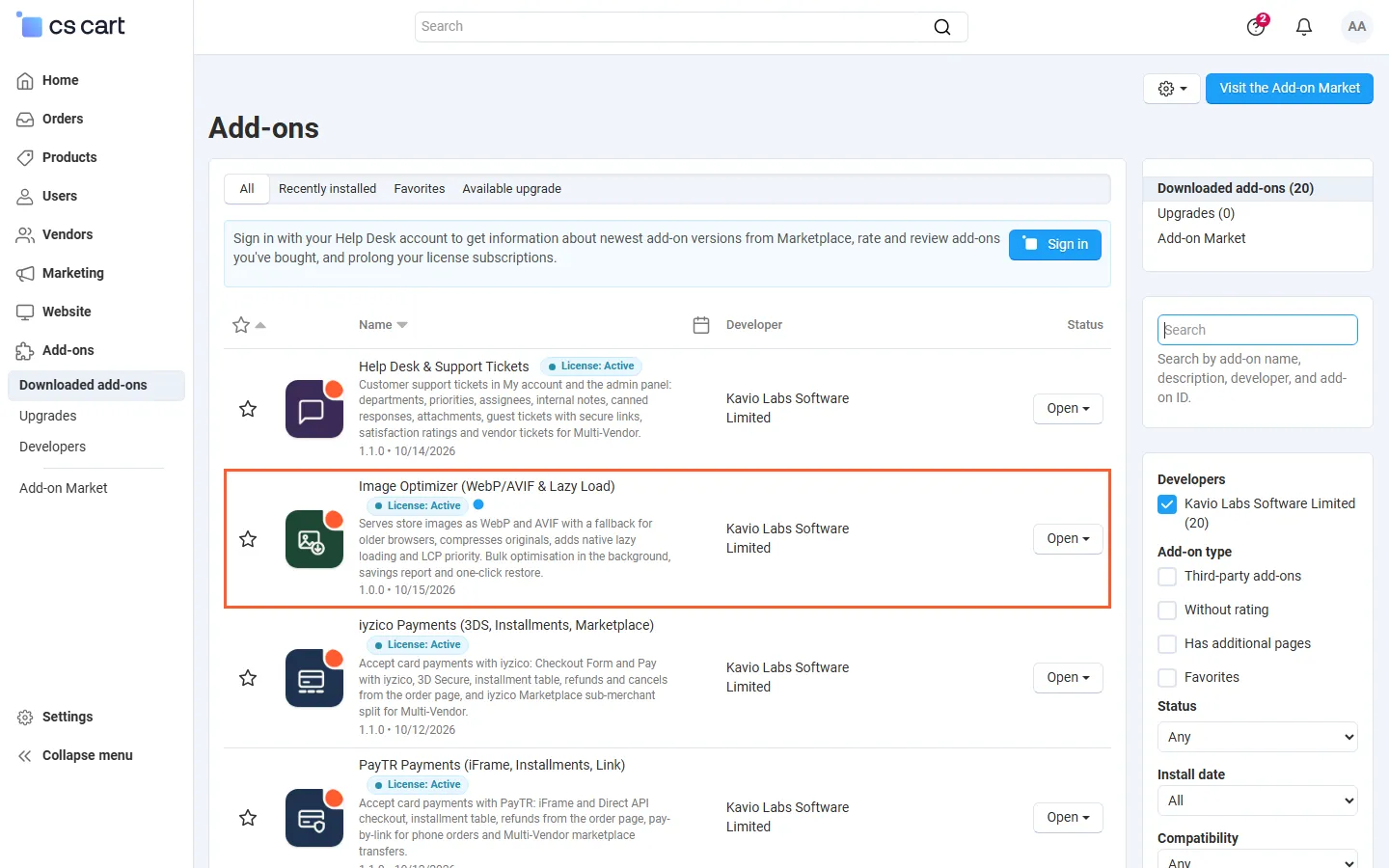Admin, Downloaded add-ons filtered to Kavio Labs (Multi-Vendor 4.21.2), Image Optimizer highlighted. Re-shot by the integration step with the add-on icon.