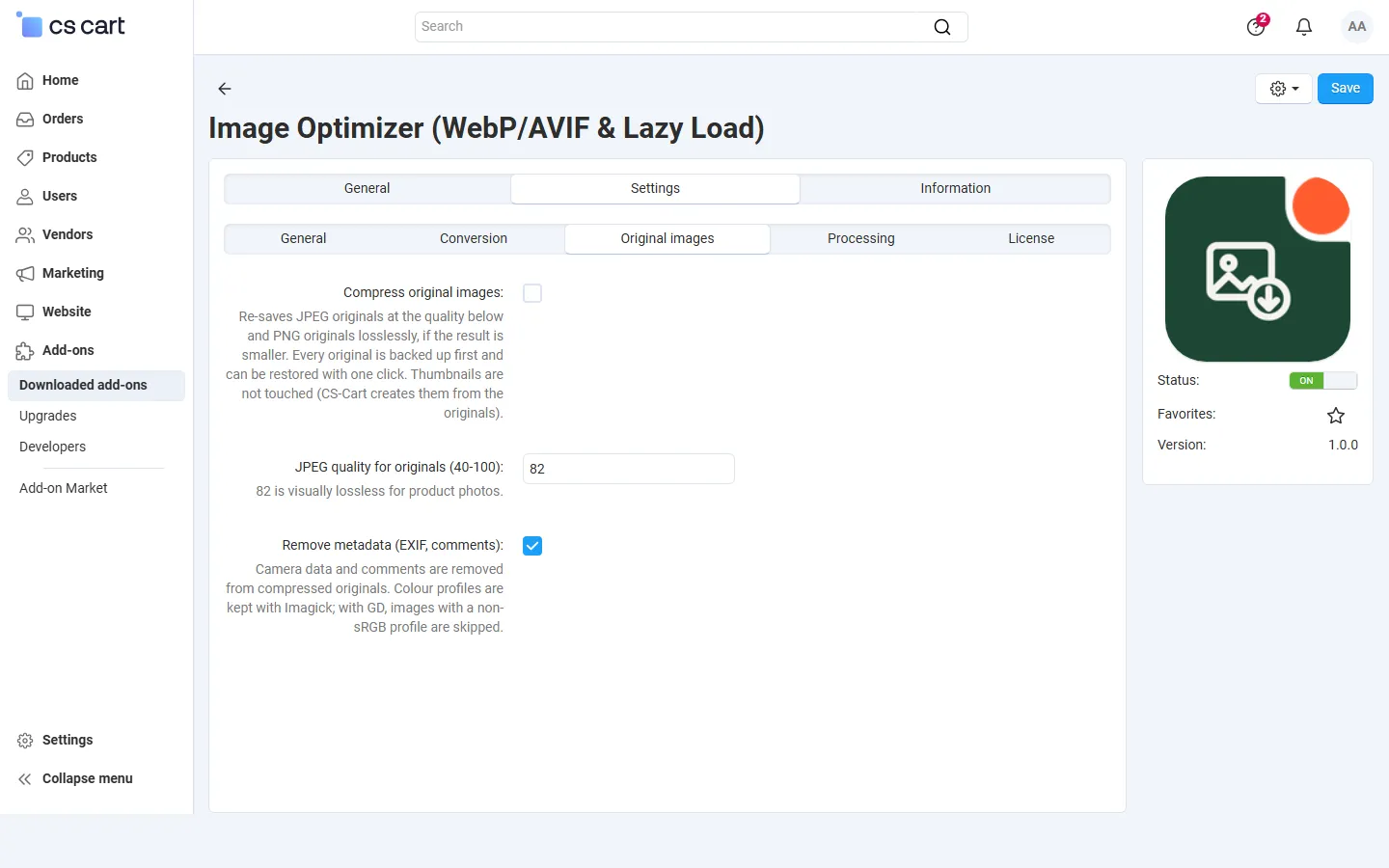 Settings, Original images: optional compression with backup, JPEG quality, metadata removal.
