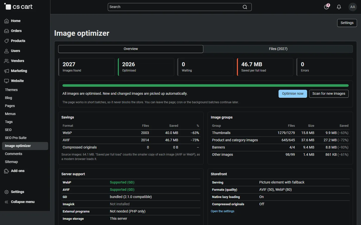 Image optimizer overview in the 4.21 dark back-office scheme.