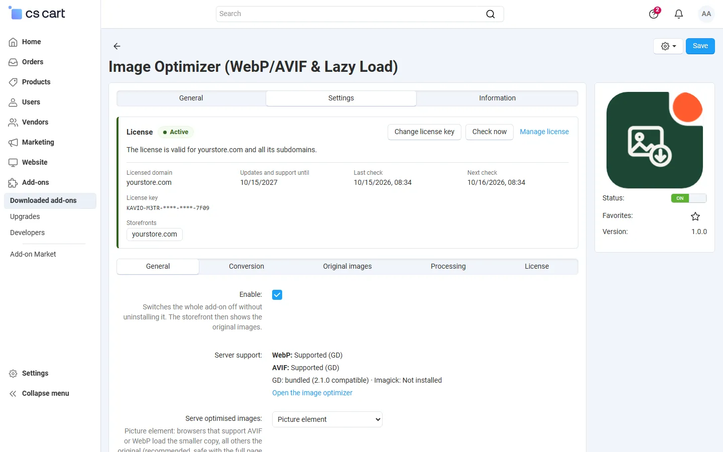 Settings, General tab with the license card (Active, licensed domain, key, storefronts) and the add-on icon. Integration step; the license card shows the production state (dev host replaced by yourstore.com).