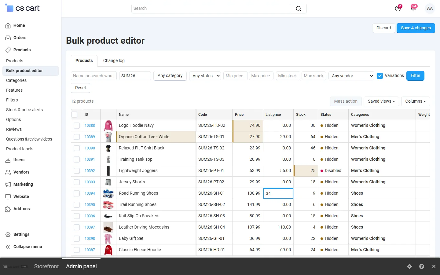 Inline editing: changed cells are highlighted until “Save 4 changes”; a cell editor is open.