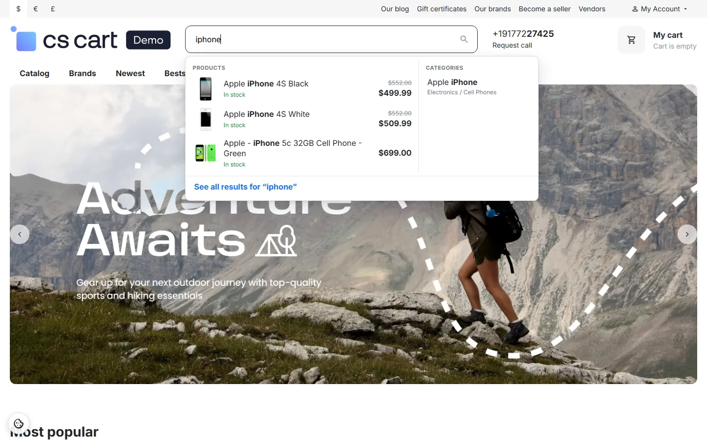 Storefront: dropdown with products (image, price, old price, stock), a matching category and See all results.
