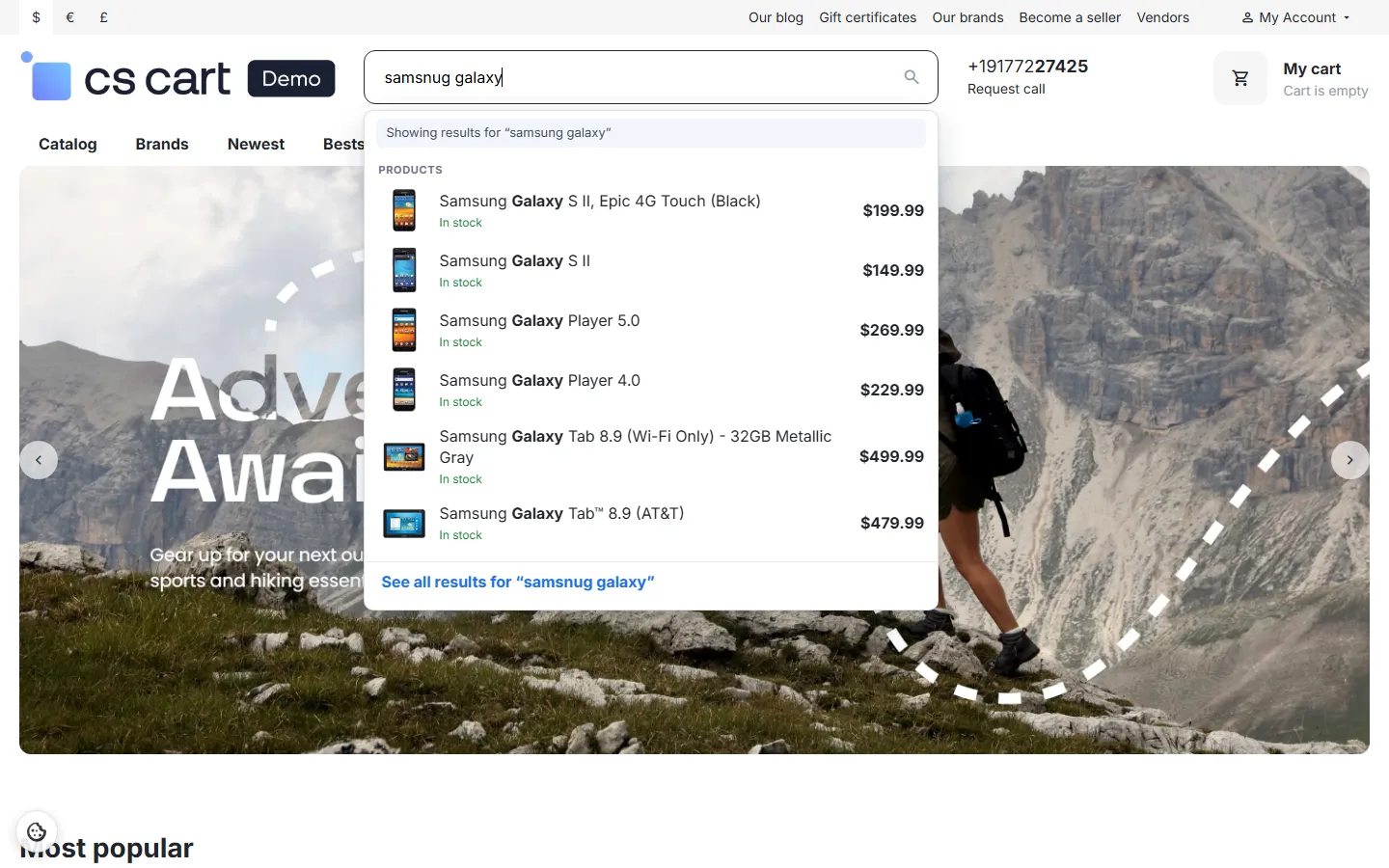 A typo is corrected: “Showing results for samsung galaxy”.