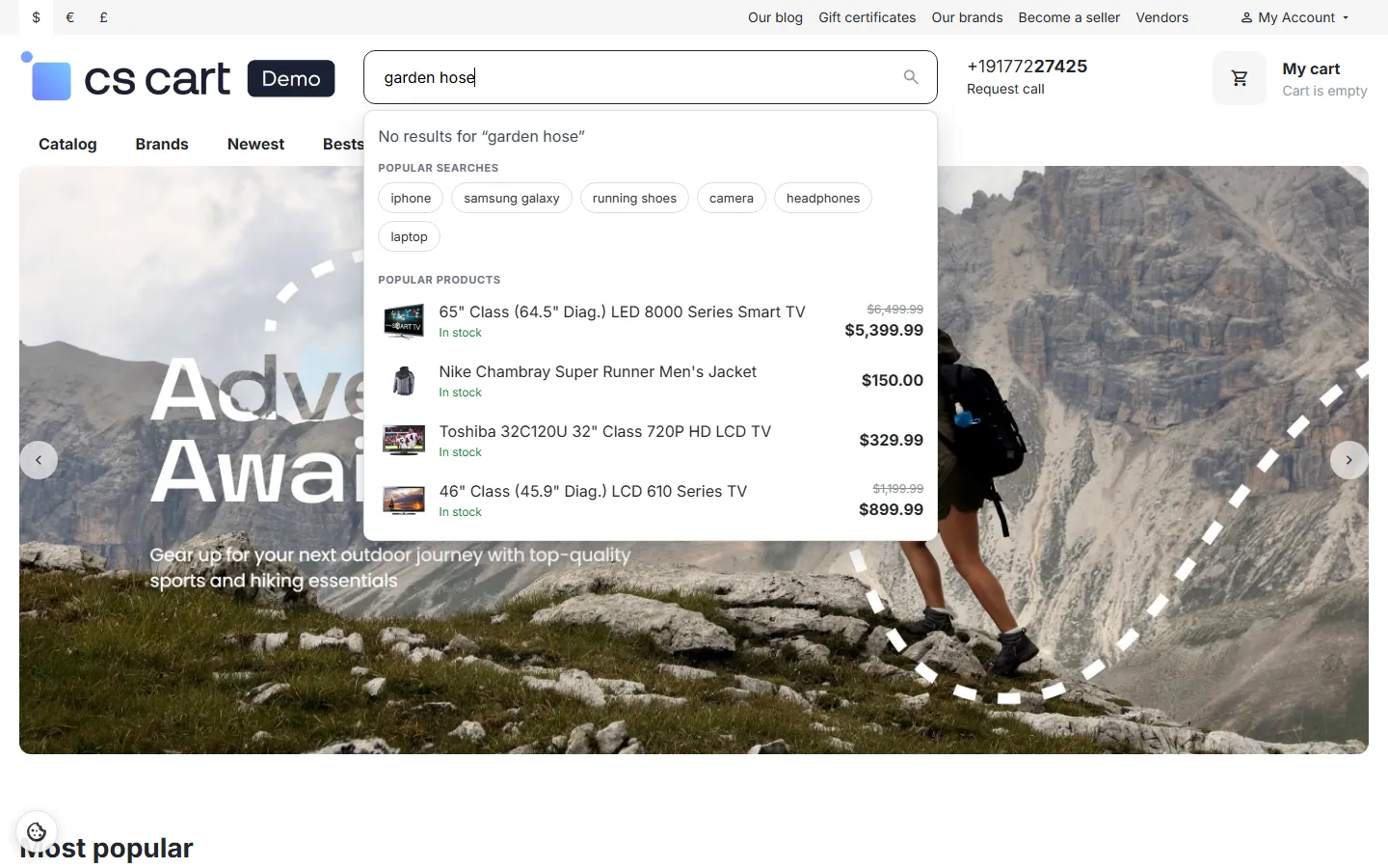 No results: popular searches and popular products instead of a dead end.