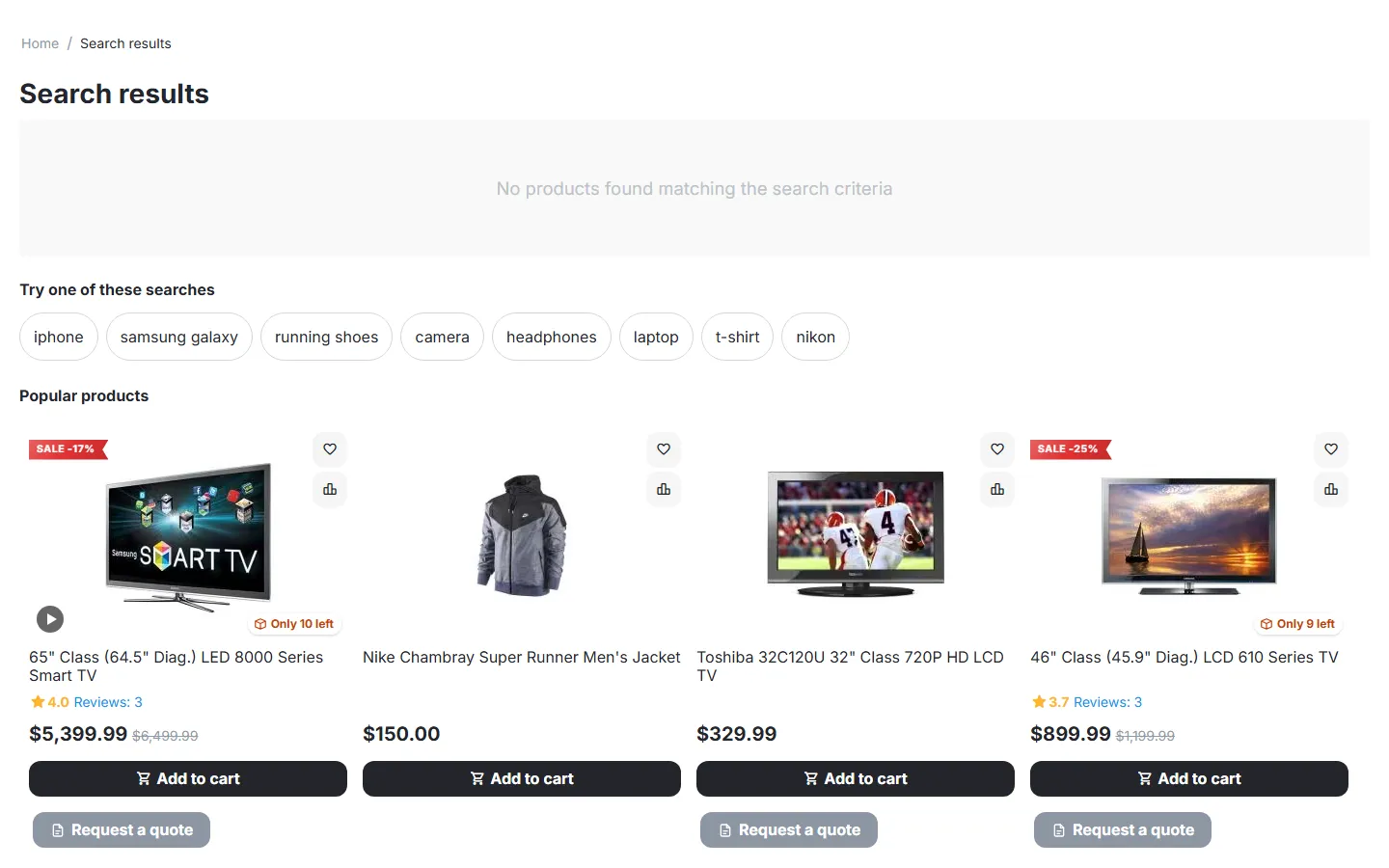 Results page without matches: try these searches and popular products.