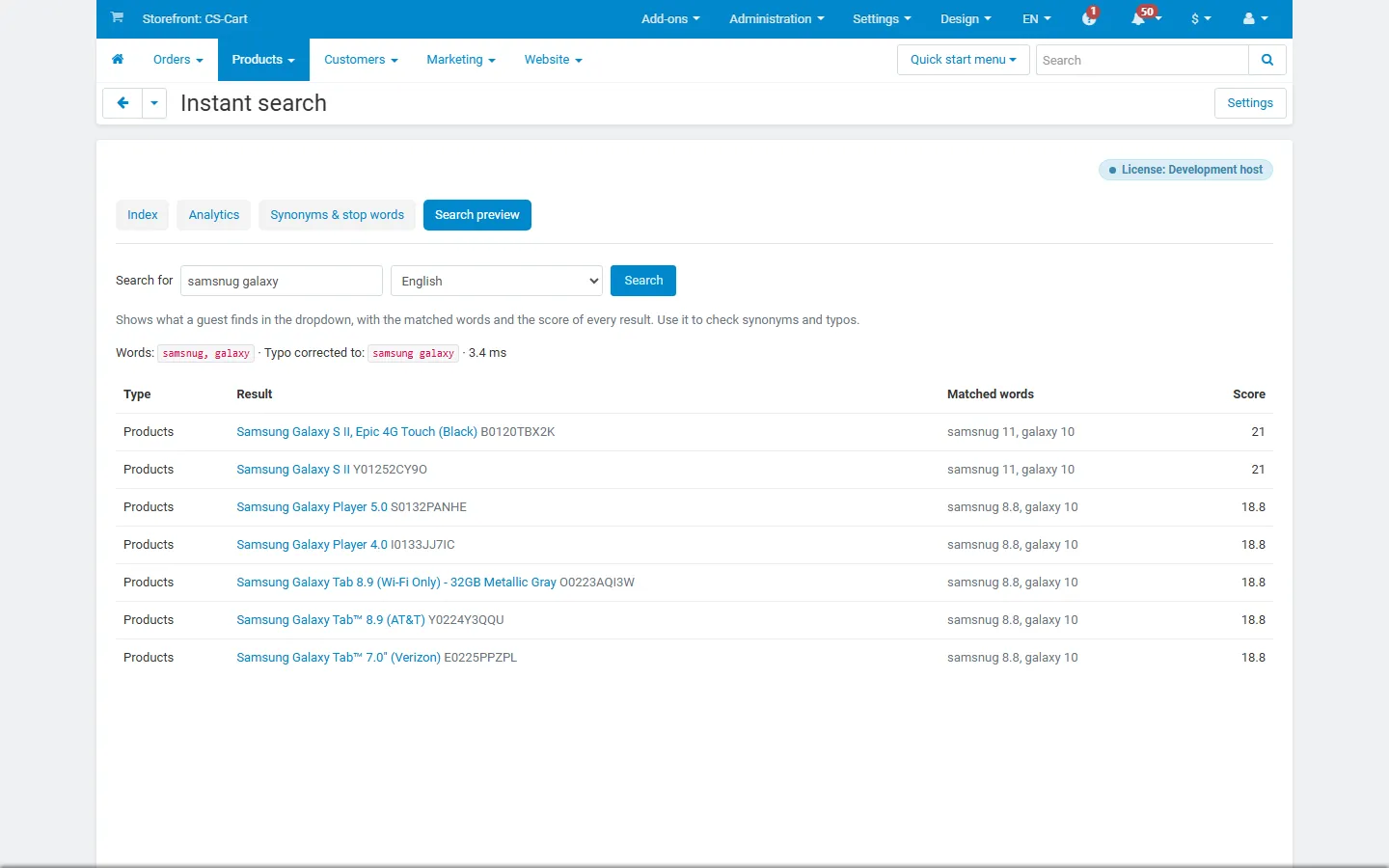Admin: search preview with typo correction, matched words, scores and time.