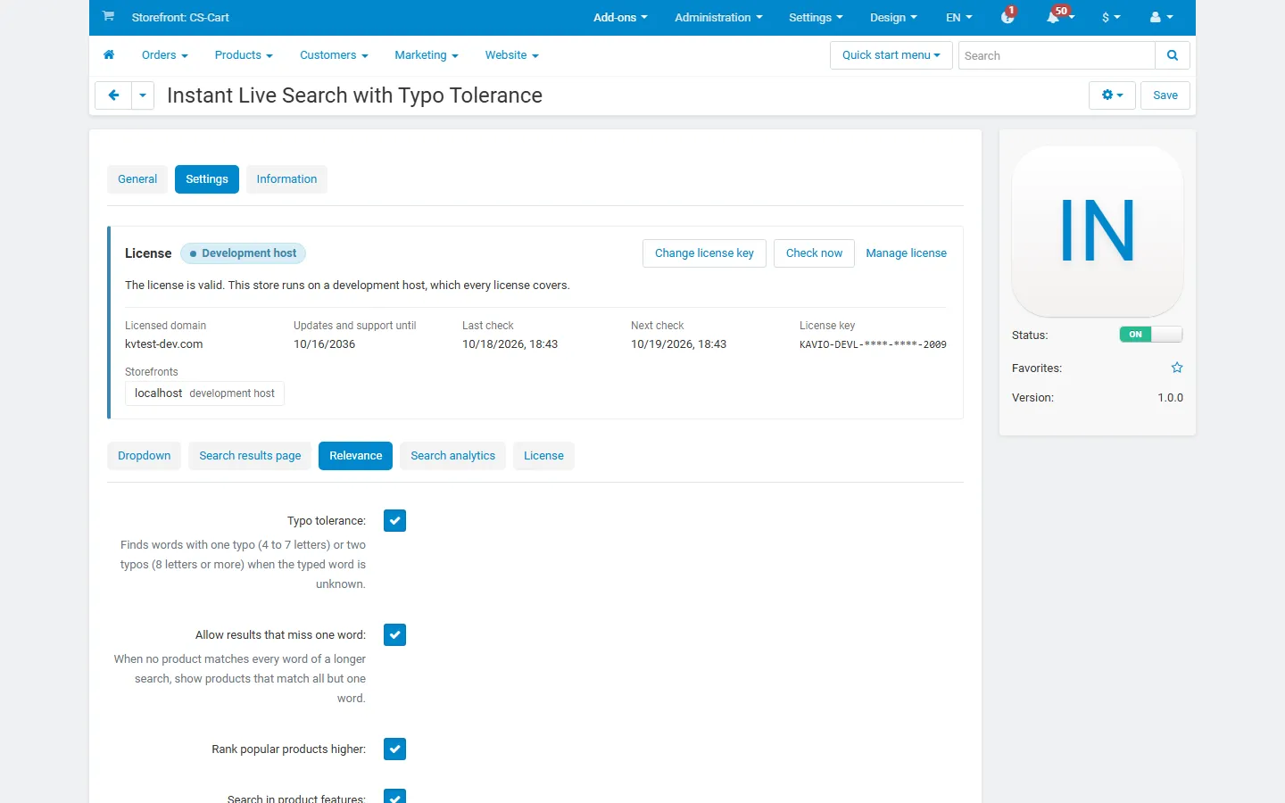 Admin: settings, Relevance tab.