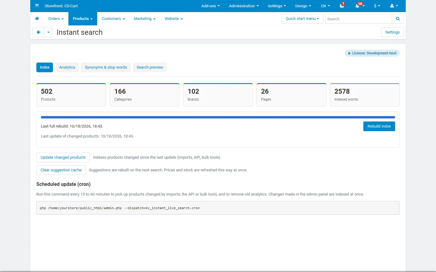 Admin: index status, rebuild, update and cache actions, cron command.