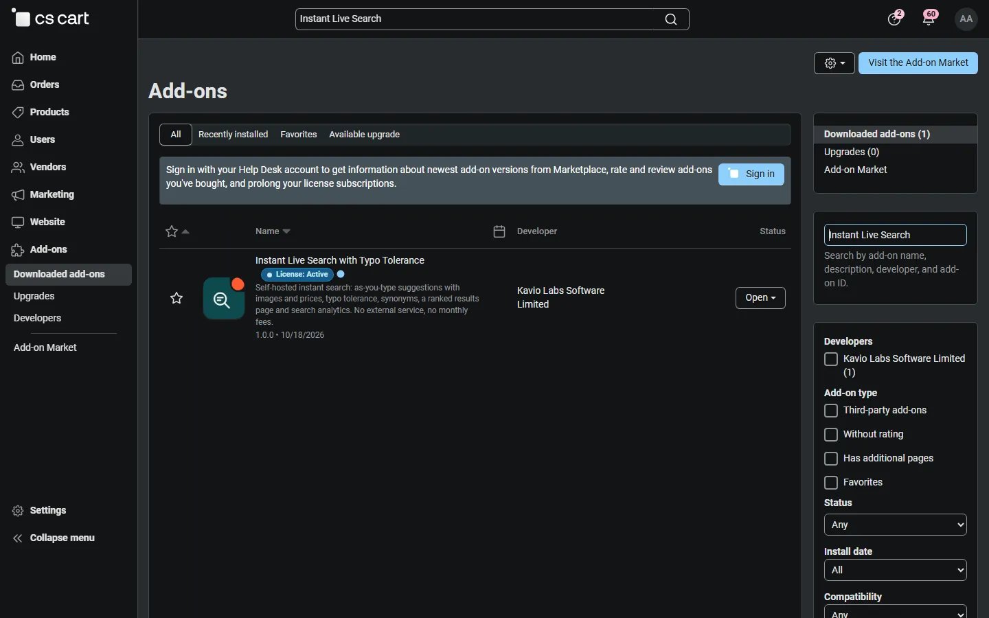 Admin: Add-ons list with Instant Live Search active.