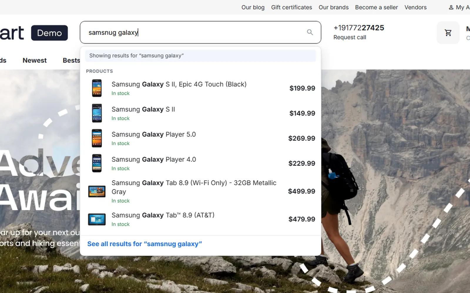 Typo-tolerant search-as-you-type: “samsnug galaxy” finds Samsung Galaxy products.