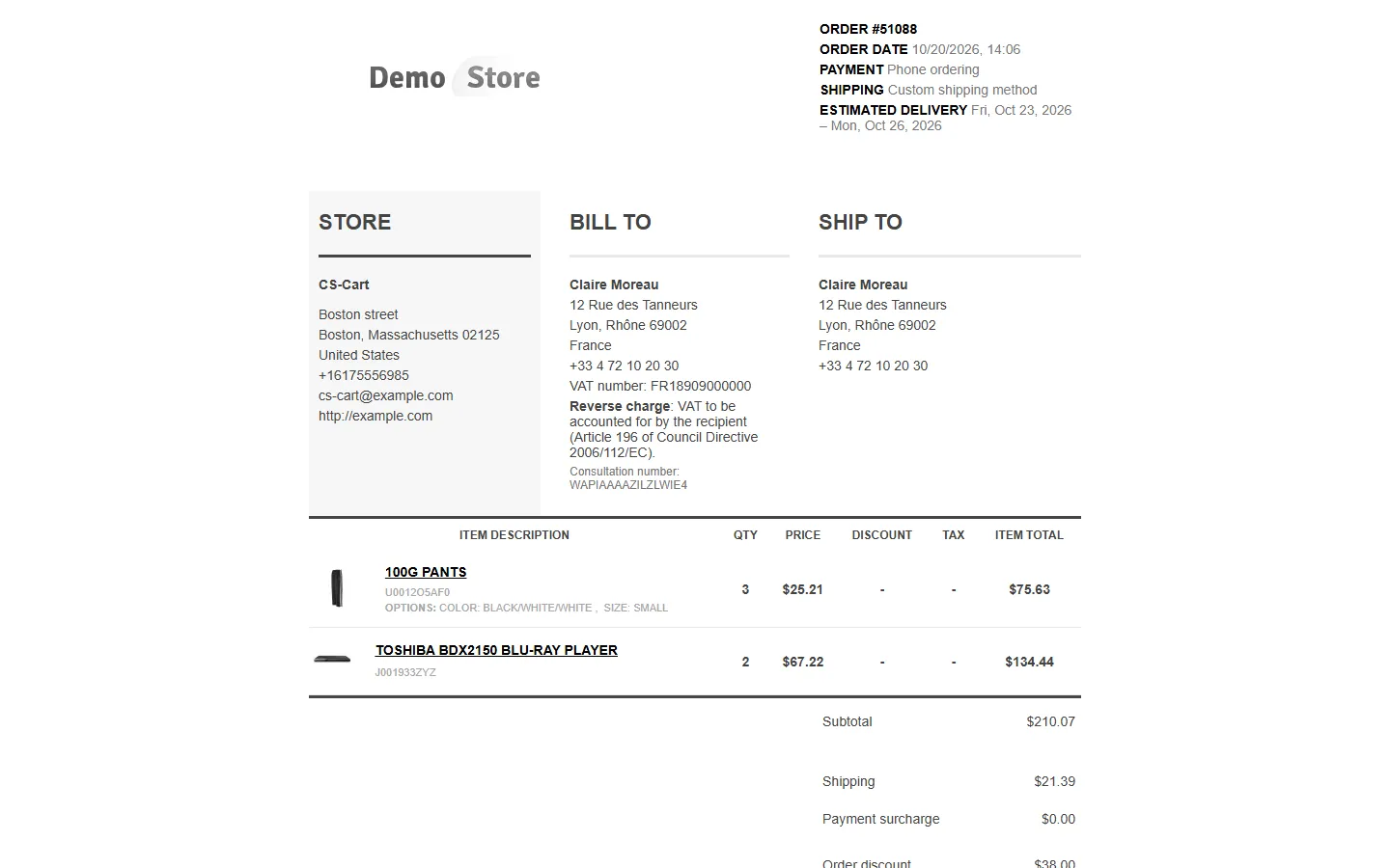 Invoice with the VAT number and the reverse charge note