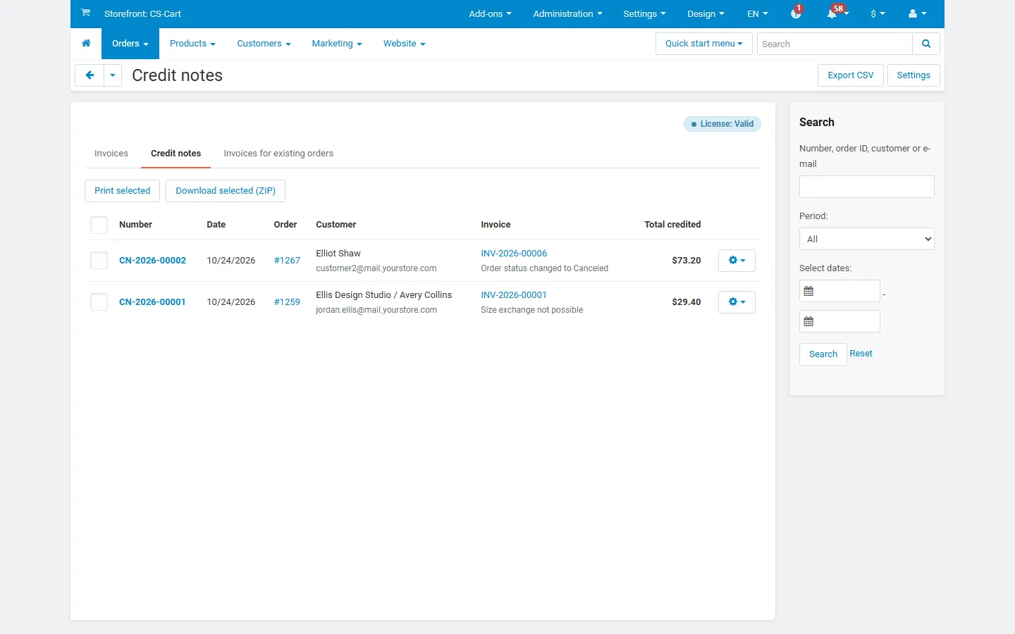 Orders > Credit notes with invoice reference and reason.