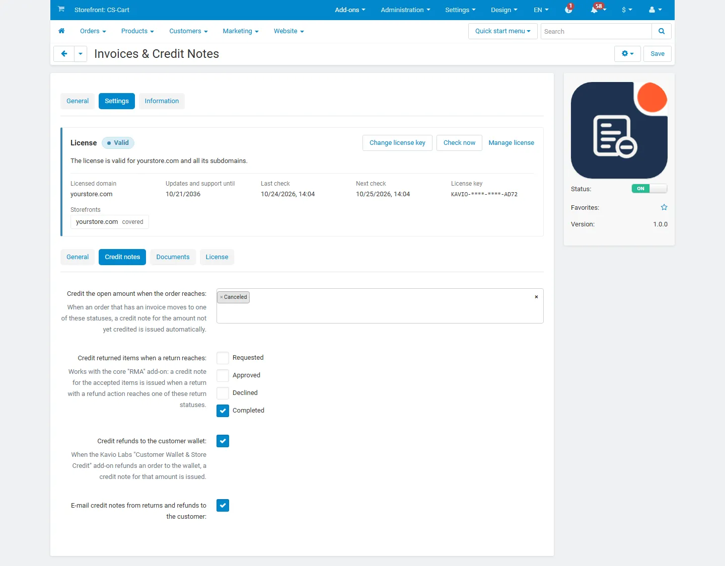 Settings, Credit notes: cancellation, returns, wallet refunds, e-mail.