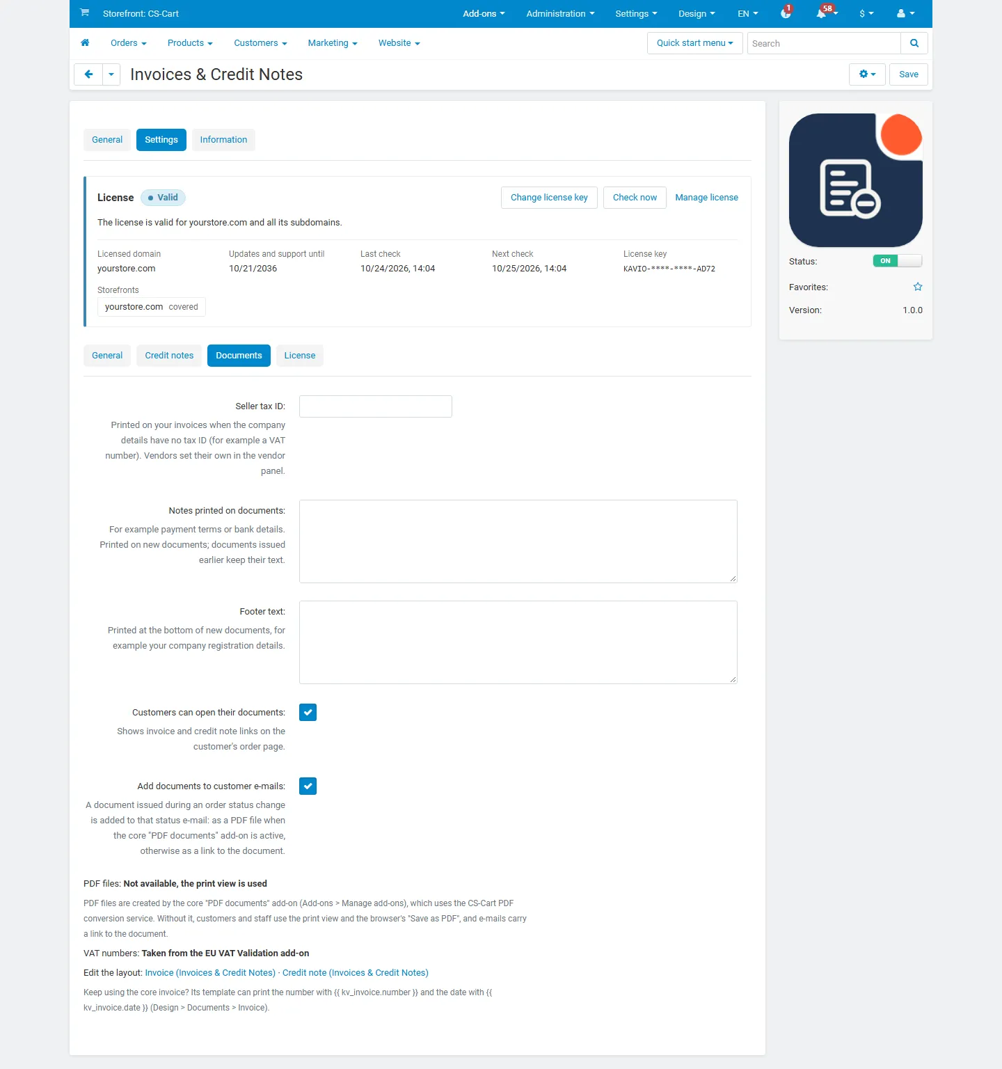 Settings, Documents: seller tax ID, notes, footer, customer access, e-mails, output.