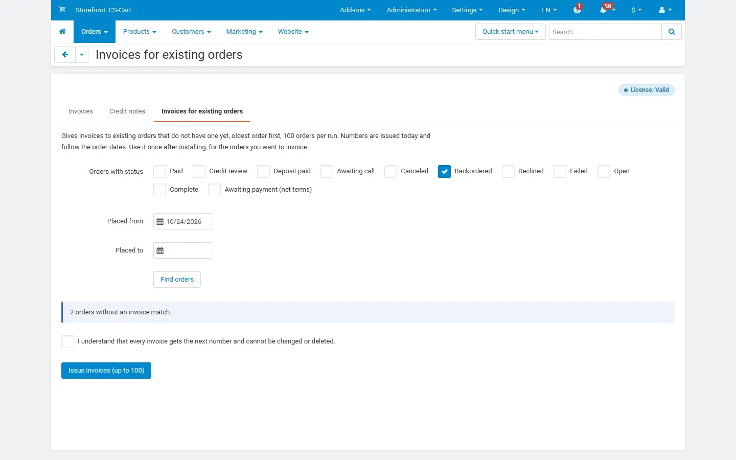 Invoices for existing orders: statuses, period, count and confirmation.