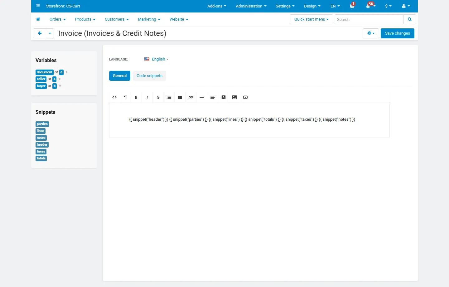 Design > Documents: the invoice template with its variables and snippets.