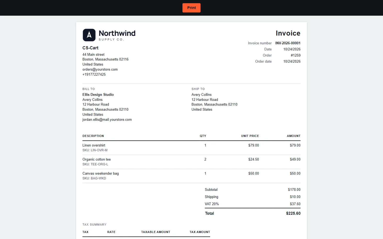 Hero (1600x1000): invoice print view.