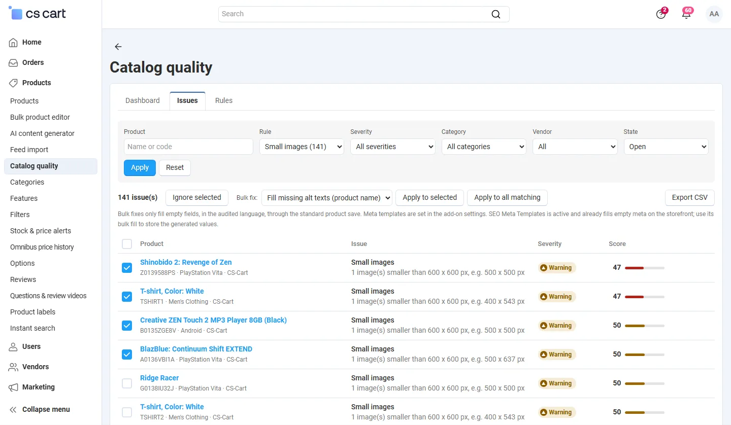 Small images filtered, four rows selected and the alt text fix chosen.
