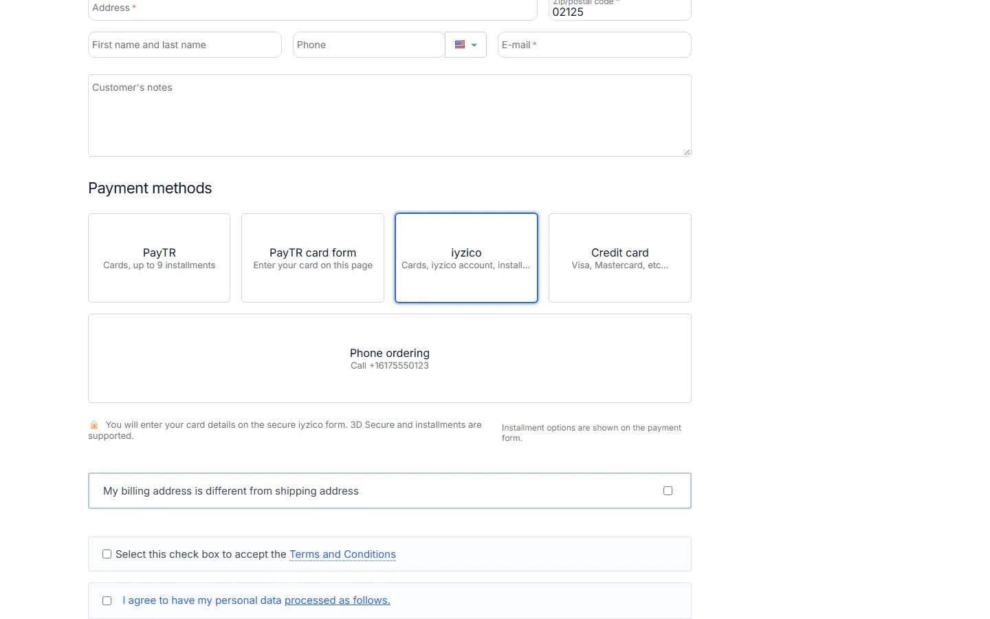 Checkout page with the iyzico payment method selected and its note under the methods.