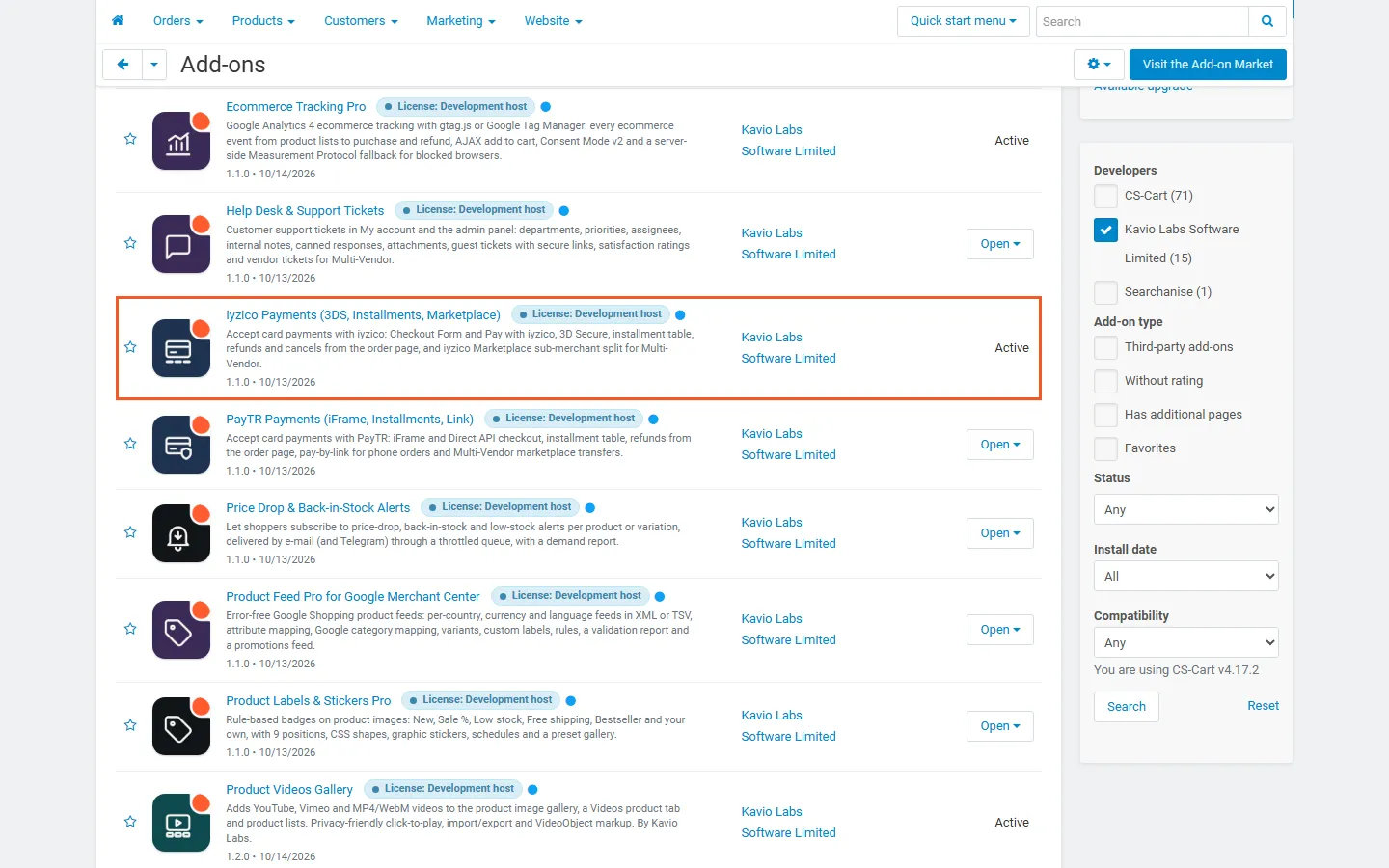 Admin, Downloaded add-ons filtered to Kavio Labs, with iyzico Payments highlighted and active.