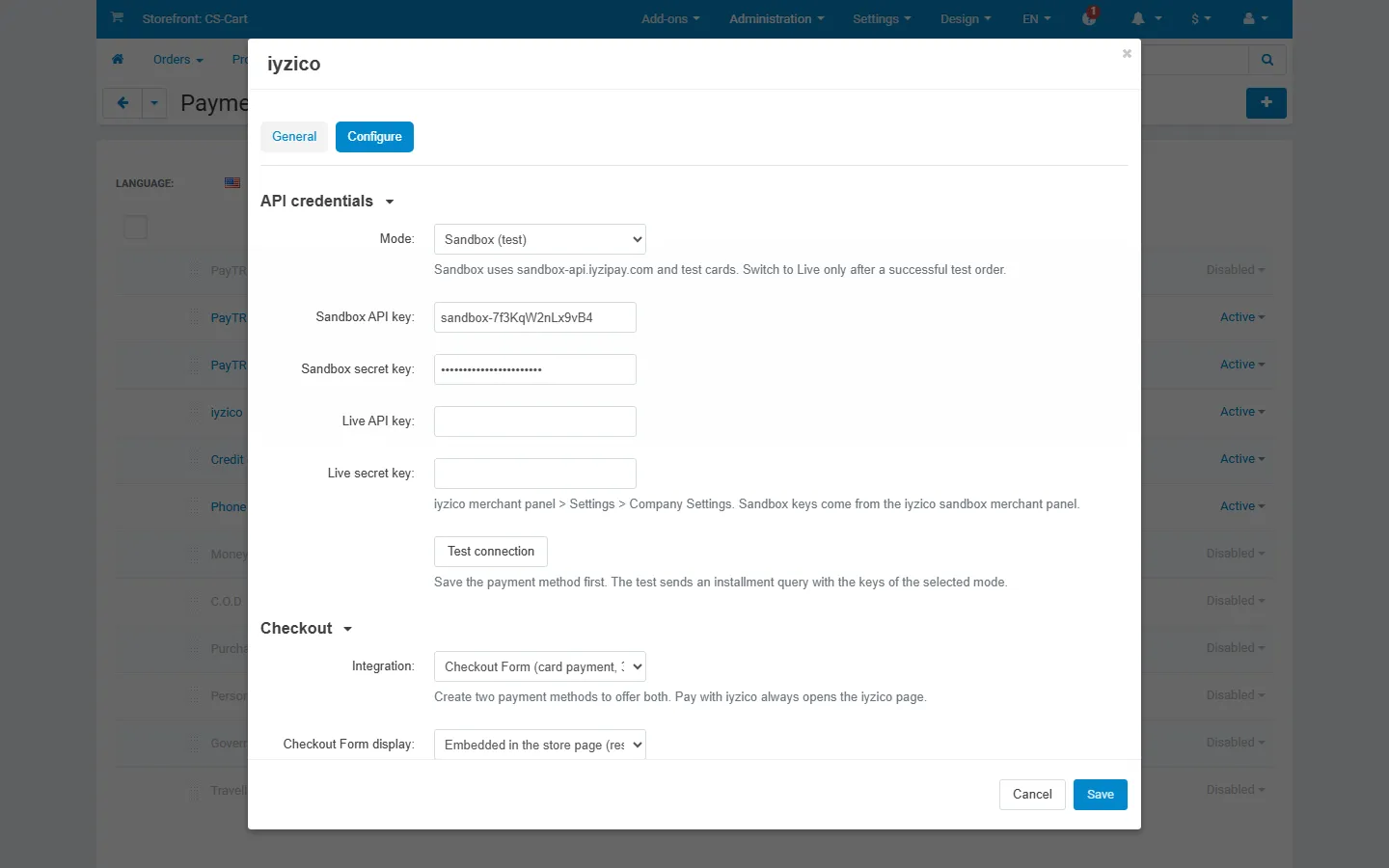 Payment method, Configure tab: sandbox/live mode, API keys, Test connection button.