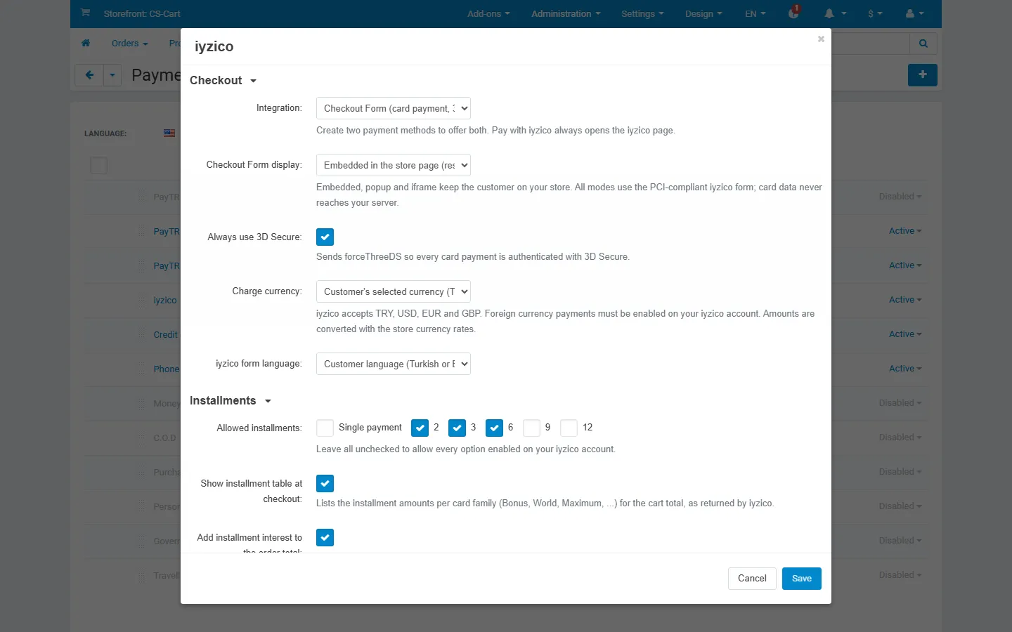 Configure tab, Checkout and Installments: Checkout Form vs Pay with iyzico, embedded/popup/iframe display, forced 3DS, charge currency, form language, allowed installments, installment table and interest.