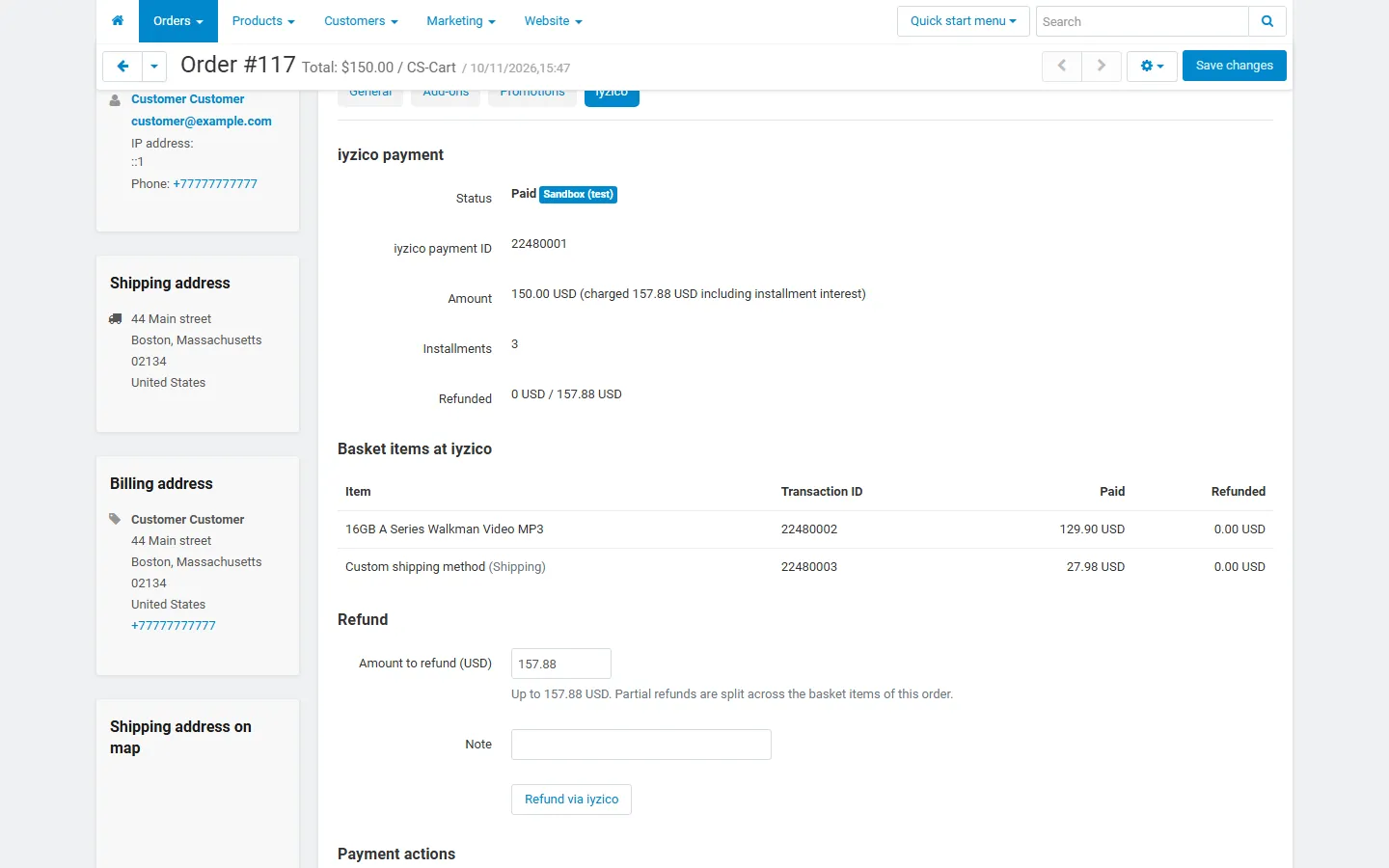 Admin order, iyzico tab: payment summary, basket items with iyzico transaction IDs and the partial/full “Refund via iyzico” form.