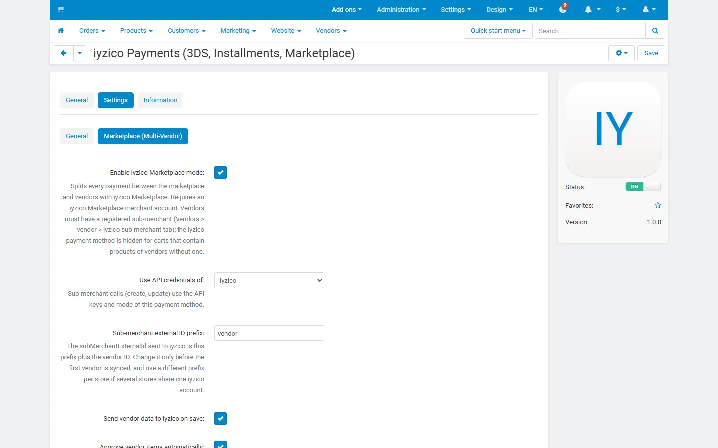Multi-Vendor: Marketplace tab: iyzico Marketplace mode, API credentials source, sub-merchant ID prefix, auto sync and auto approve.