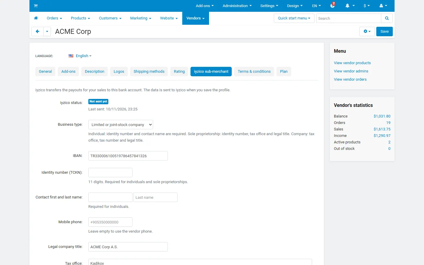Multi-Vendor admin, vendor profile, “iyzico sub-merchant” tab: status, business type, IBAN, identity/tax data (ACME Corp, not sent yet).