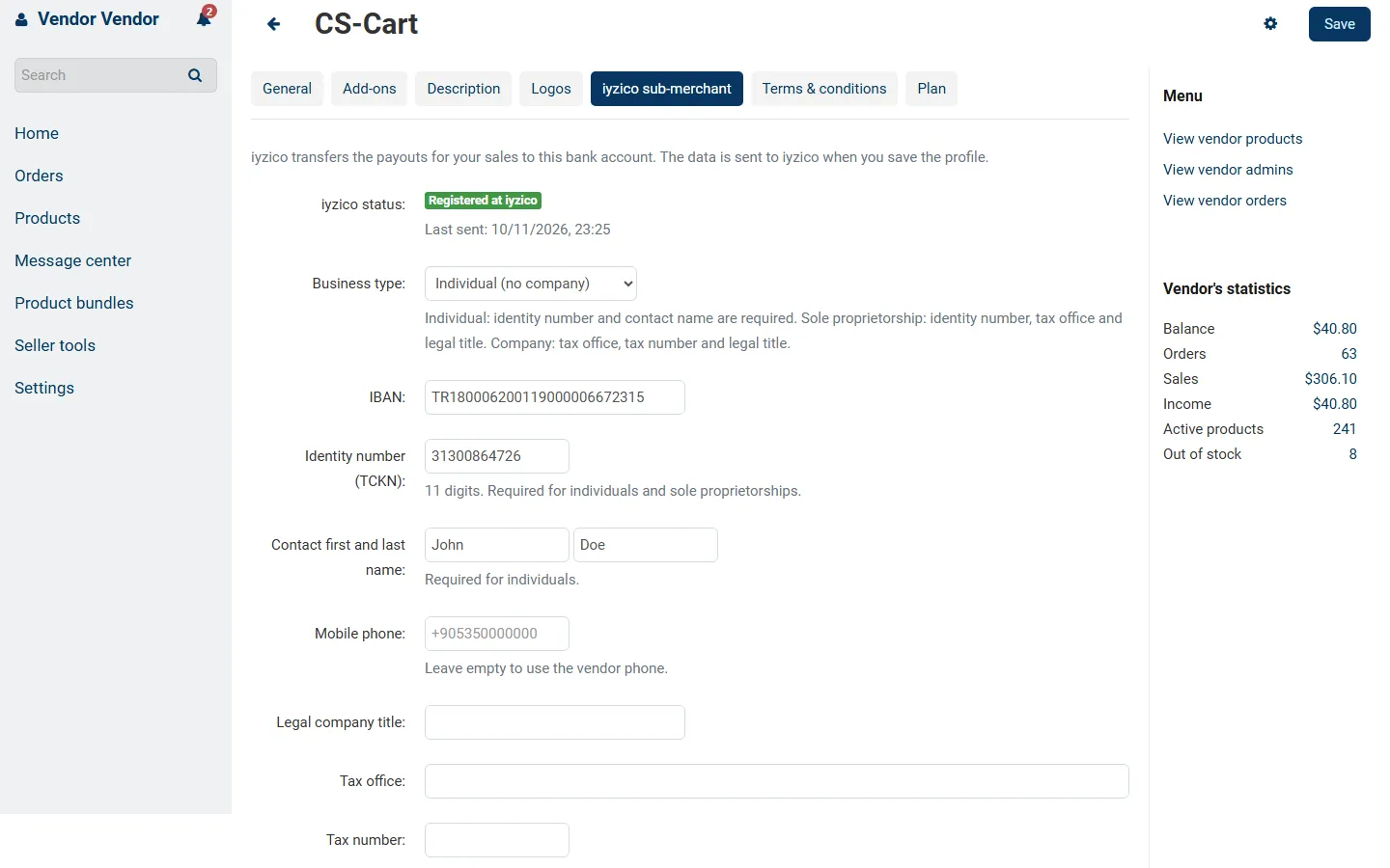 Multi-Vendor vendor panel: the vendor’s own iyzico sub-merchant tab with “Registered” status and IBAN.