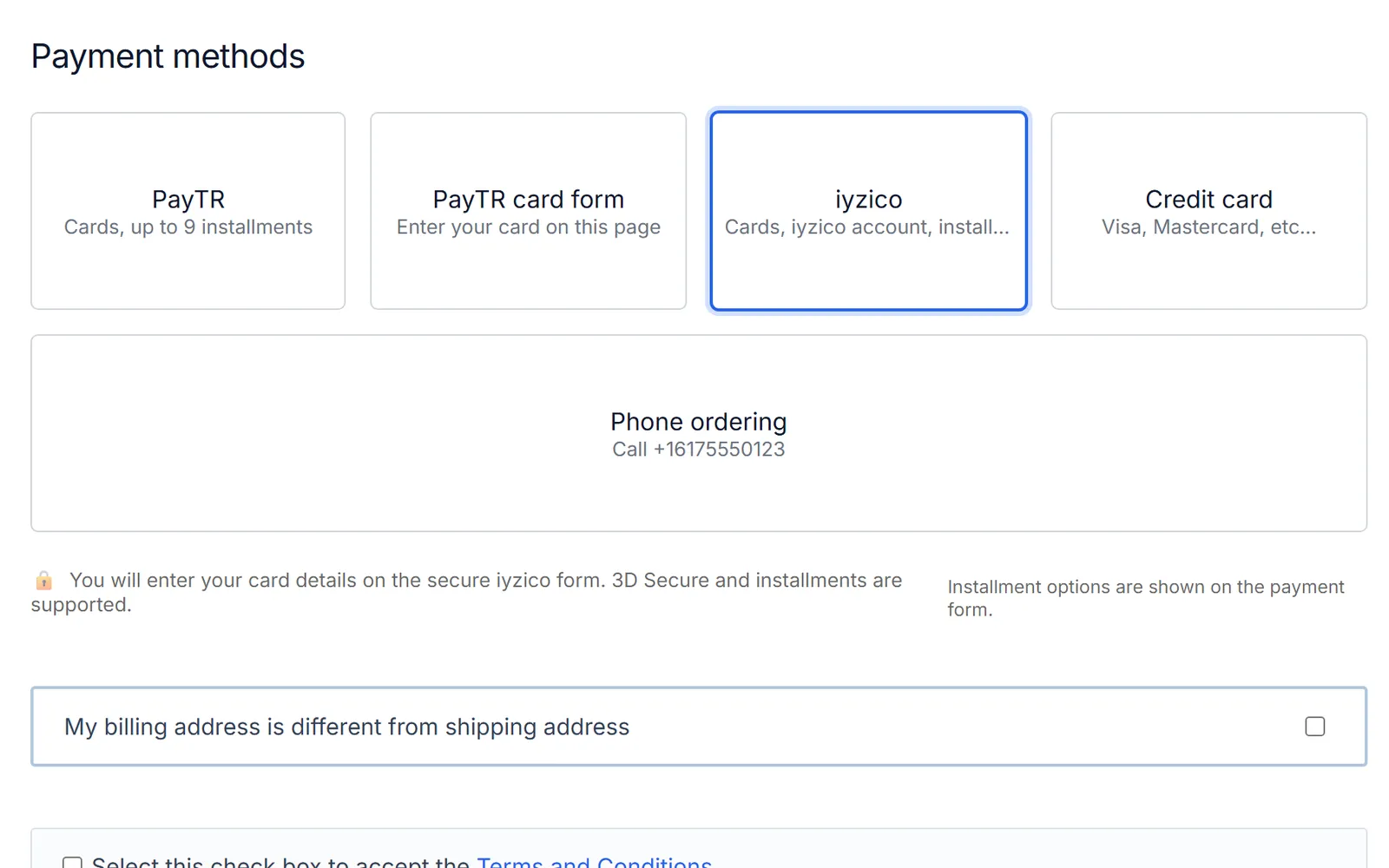 Checkout: “iyzico” selected among the payment methods, with the secure-form note (3D Secure and installments supported).