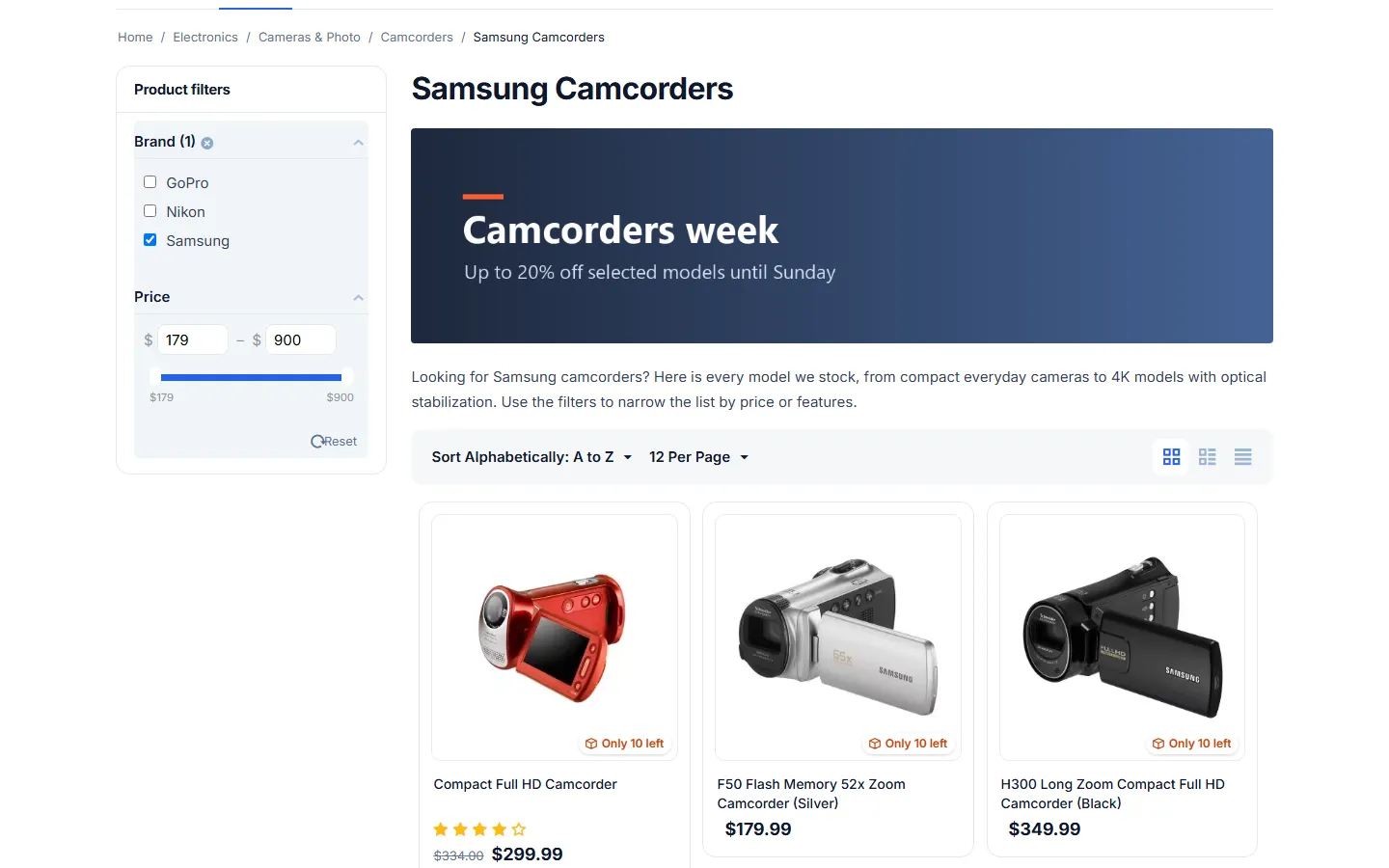 Landing page “Samsung Camcorders” with its own H1, banner and intro text