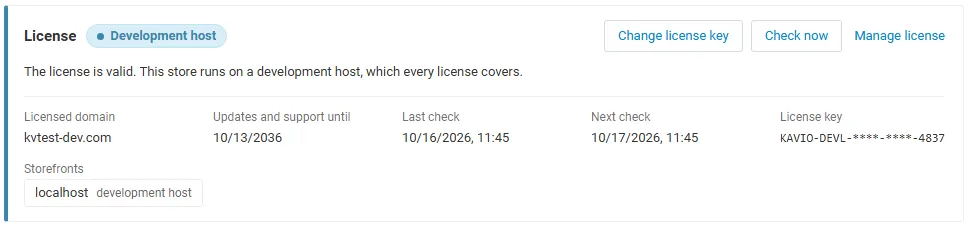 License card on the add-on page: status, licensed domain, storefronts, last and next check, with Change license key, Check now and Manage license