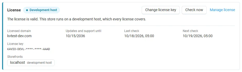 License card on the add-on page: status, licensed domain, storefronts, last and next check, with Change license key, Check now and Manage license