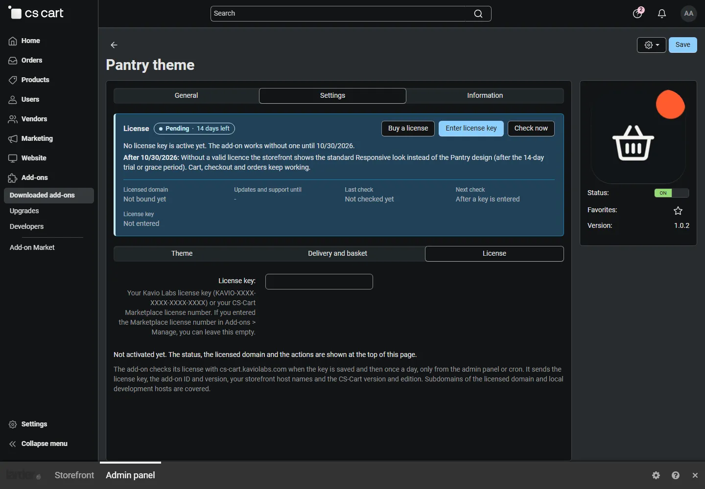 License card on the add-on page