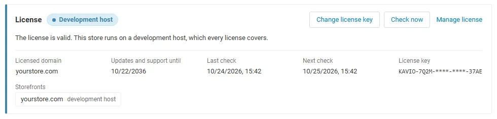 License card on the add-on page: status, licensed domain, storefronts, last and next check, with Change license key, Check now and Manage license