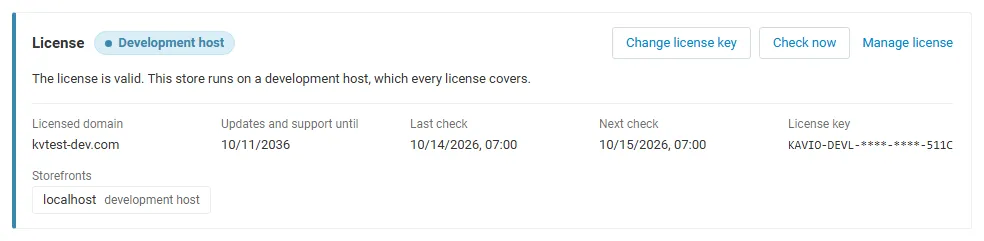 License card on the add-on page: status, licensed domain, storefronts, last and next check, with Change license key, Check now and Manage license