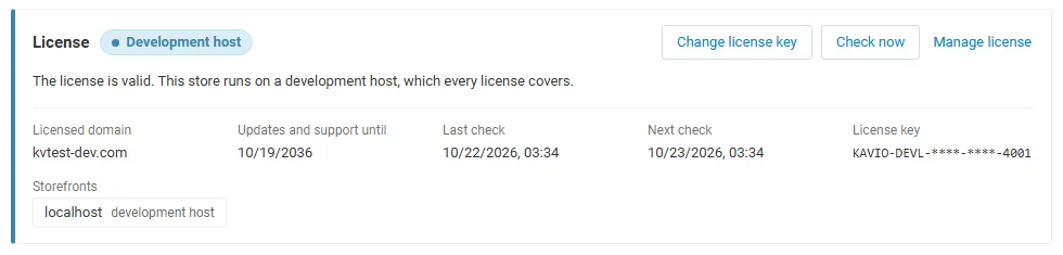 License card on the add-on page: status, licensed domain, storefronts, last and next check, with Change license key, Check now and Manage license