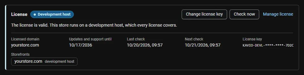 License card on the add-on page: status, licensed domain, storefronts, last and next check, with Change license key, Check now and Manage license