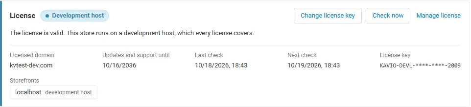 License card on the add-on page: status, licensed domain, storefronts, last and next check, with Change license key, Check now and Manage license