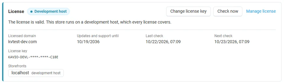 License card on the add-on page: status, licensed domain, storefronts, last and next check, with Change license key, Check now and Manage license