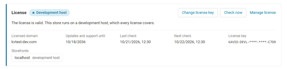 License card on the add-on page: status, licensed domain, storefronts, last and next check, with Change license key, Check now and Manage license