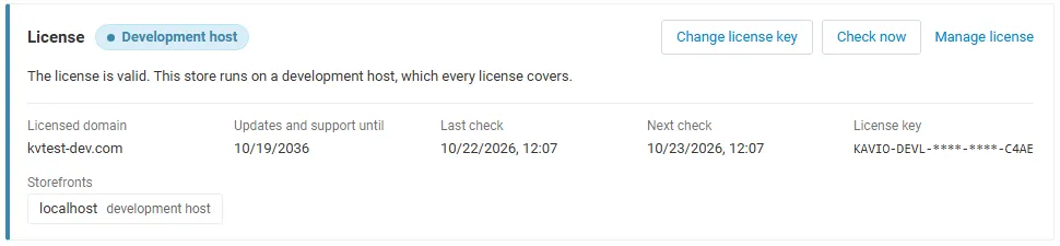 License card on the add-on page: status, licensed domain, storefronts, last and next check, with Change license key, Check now and Manage license