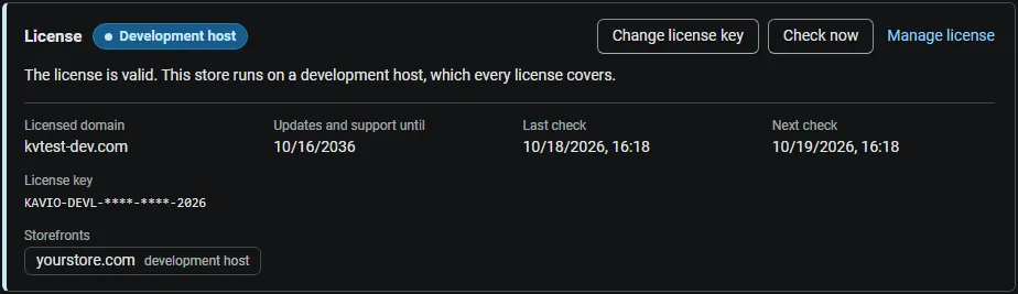 License card on the add-on page: status, licensed domain, storefronts, last and next check, with Change license key, Check now and Manage license