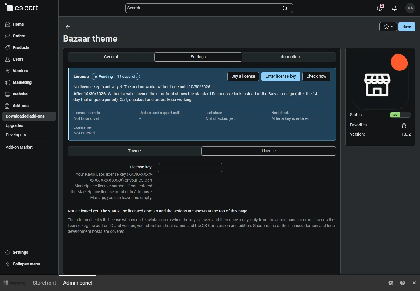 License card on the add-on page
