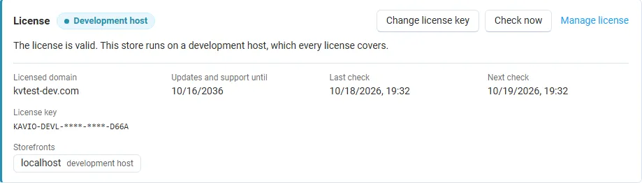 License card on the add-on page: status, licensed domain, storefronts, last and next check, with Change license key, Check now and Manage license
