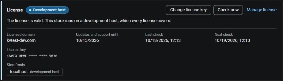 License card on the add-on page: status, licensed domain, storefronts, last and next check, with Change license key, Check now and Manage license