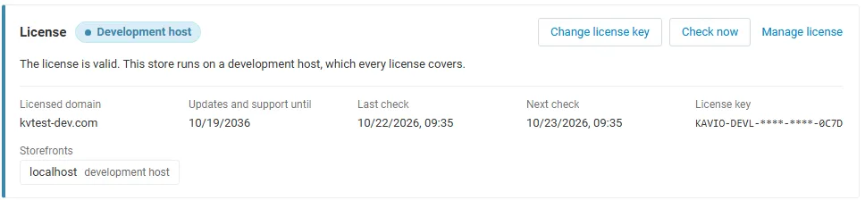 License card on the add-on page: status, licensed domain, storefronts, last and next check, with Change license key, Check now and Manage license
