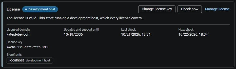 License card on the add-on page: status, licensed domain, storefronts, last and next check, with Change license key, Check now and Manage license